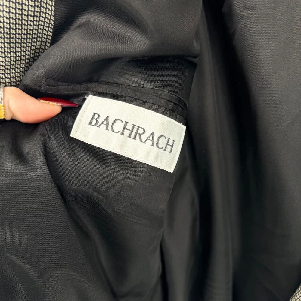 Vtg Bachrach Double‎ Breasted Houndstooth Blazer Jacket 44L USA Made Black White